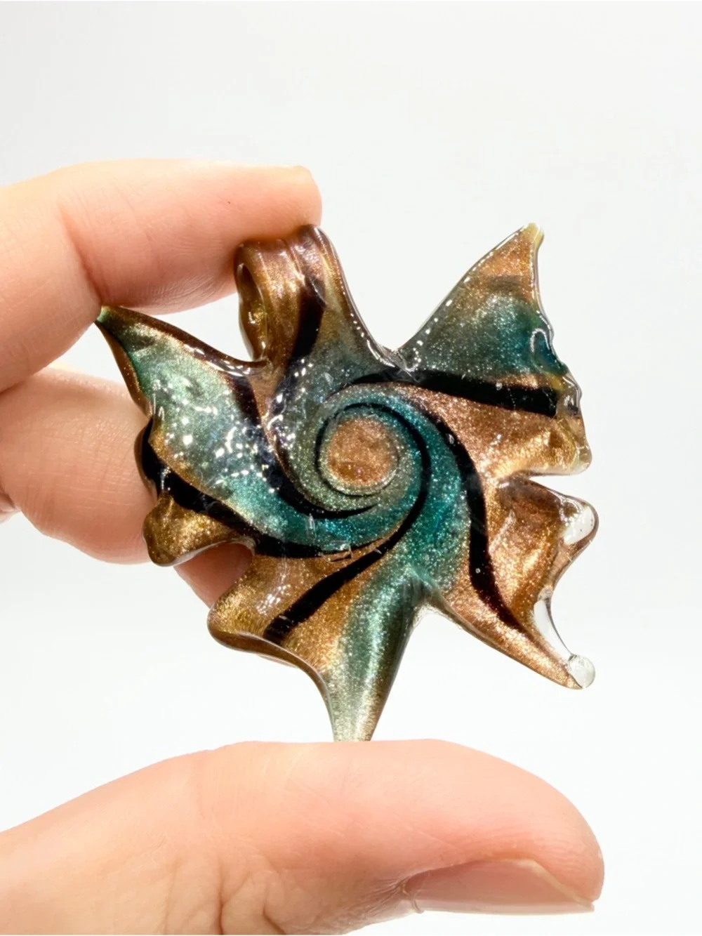 Vintage Murano Style Glass Pendant Swirl Gold Green Abstract - Picture 5 of 6